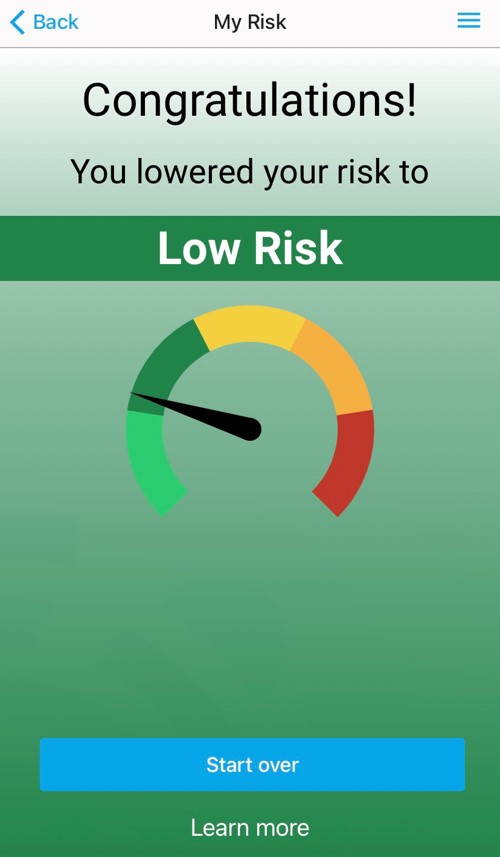 Screenshots of the MyCOVIDRisk App lowered risk screen.