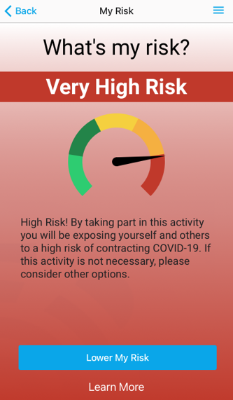 Screenshots of the MyCOVIDRisk App risk calculation.
